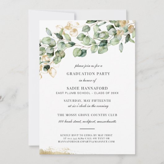 Invitation Eucalyptus Rustic Gold Botanical Graduation (Devant)