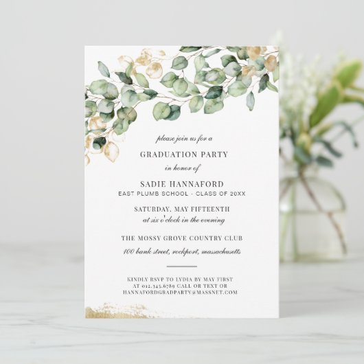 Invitation Eucalyptus Rustic Gold Botanical Graduation (Debout devant)