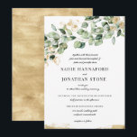 Invitation Eucalyptus Rustic Gold Elegant Mariage botanique<br><div class="desc">Bienvenue à la collection de verdure de Sadie. Les branches de feuilles d'eucalyptus vert profond et sauge ont juste un soupçon d'or mat chatoyant - élever le design botanique à la haute mode. Le fond du front d'invitation est bordé d'or rustique. L'invitation en retour est entièrement couverte. Le Sadie's Greenery...</div>