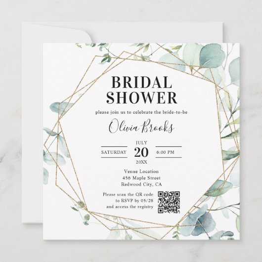 Invitation Eucalyptus Rustic Photo QR Code Bridal Shower (Devant)