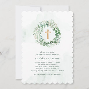 Invitation Eucalyptus rustique aquarelle avec vert   Baptême