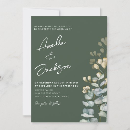 Invitation Eucalyptus Rustique Aquarelle Mariage vert foncé (Devant)