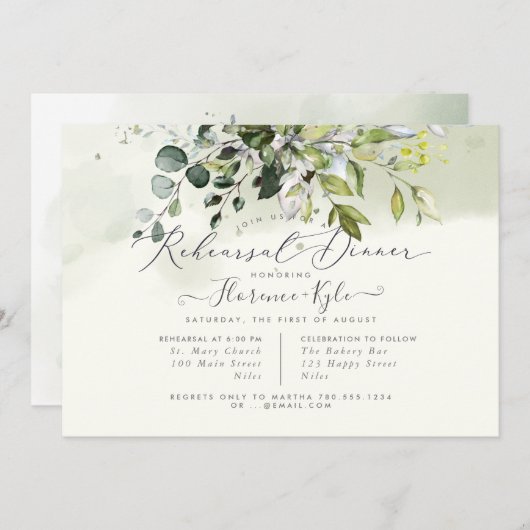 Invitation Eucalyptus Rustique Bleu Gomme, Dîner De Répétitio (Devant / Derrière)
