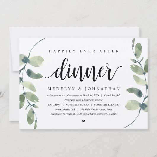 Invitation Eucalyptus Rustique, Dîner Mariage Elopement Invit (Devant)