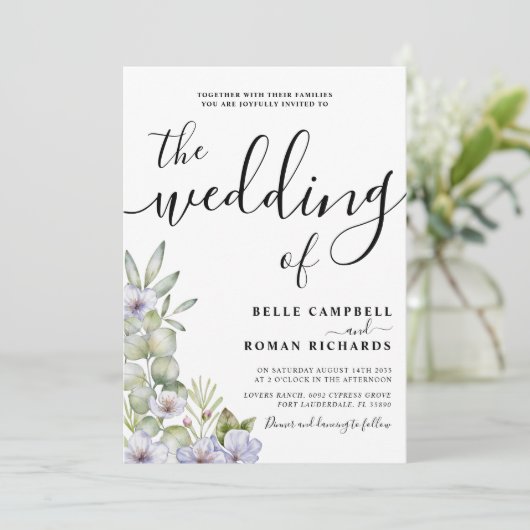 Invitation Eucalyptus rustique et Mariage Floral pourpre (Debout devant)