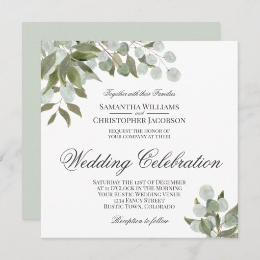 Invitation Eucalyptus rustique et Mariage vert (Devant / Derrière)