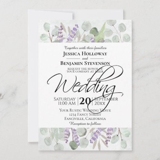 Invitation Eucalyptus rustique & Mariage d'aquarelle Lavender (Devant)