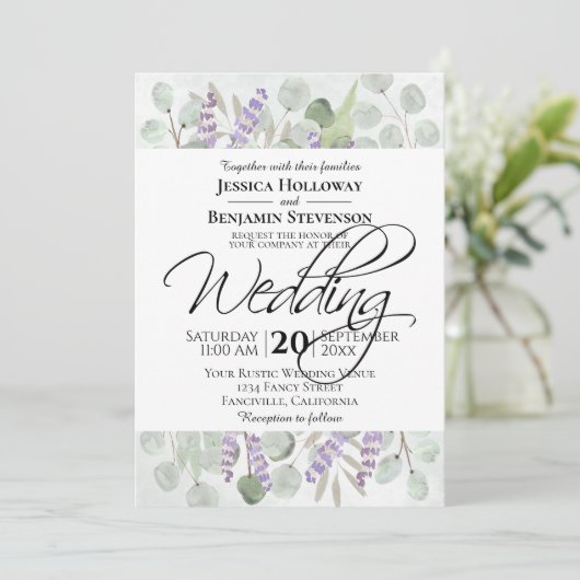Invitation Eucalyptus rustique & Mariage d'aquarelle Lavender (Debout devant)