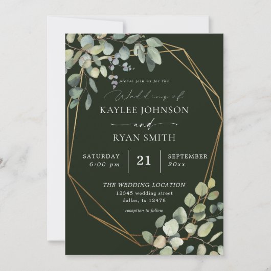 Invitation Eucalyptus Rustique & Mariage de trame or - Vert (Devant)