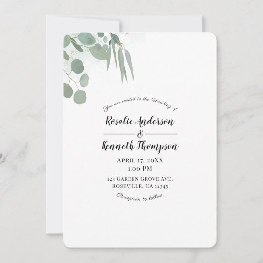Invitation Eucalyptus rustique Mariage vert minimal chic (Devant)