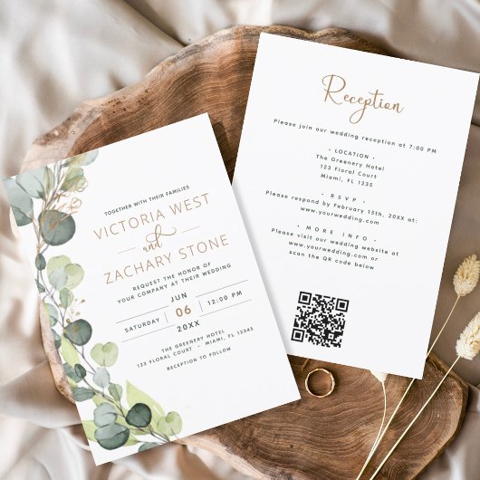 Invitation Eucalyptus Rustique tout en un QR Code Mariage