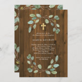 Invitation Eucalyptus rustique Verdure et Croix d'or Baptême (Devant / Derrière)