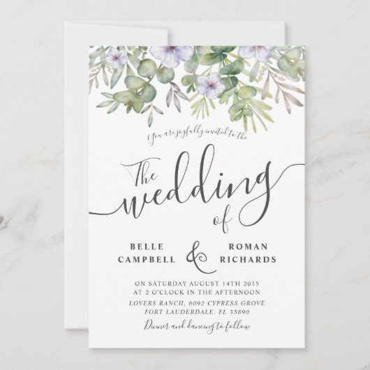 Invitation Eucalyptus rustique Verdure & Mariage Floral viole (Devant)