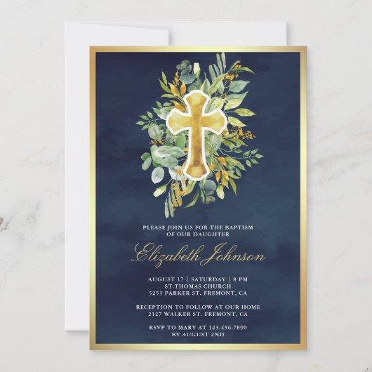 Invitation Eucalyptus Rustique Vert Marine Bleu Or Baptême (Devant)