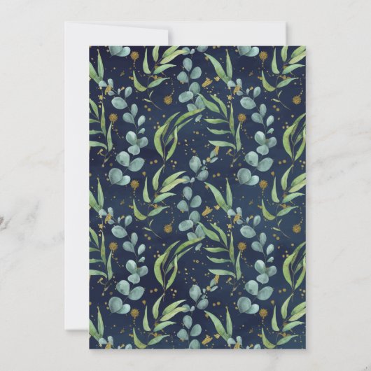 Invitation Eucalyptus Rustique Vert Marine Bleu Or Baptême (Dos)