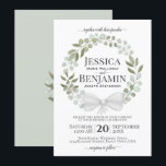 Invitation Eucalyptus rustique Wreath Elegant Mariage Boho<br><div class="desc">Ces belles invitations de mariage présentent un design rustique simple avec une couronne de feuilles d'eucalyptus peints à la main et de la verdure dans les tons menthe, mousse et vert sauge. Le texte présente une typographie élégante avec une utilisation soignée de la calligraphie de script. Le dos est vert...</div>