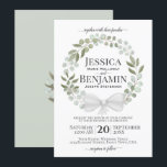 Invitation Eucalyptus rustique Wreath Elegant Mariage Boho<br><div class="desc">Ces belles invitations de mariage présentent un design rustique simple avec une couronne de feuilles d'eucalyptus peints à la main et de la verdure dans les tons menthe, mousse et vert sauge. Le texte présente une typographie élégante avec une utilisation soignée de la calligraphie de script. Le dos est vert...</div>