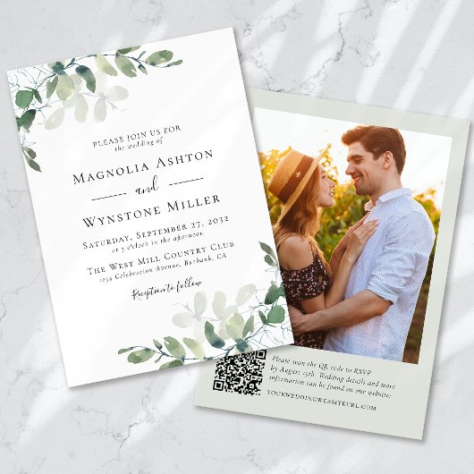 Invitation Eucalyptus Sage Green Photo QR Code Mariage