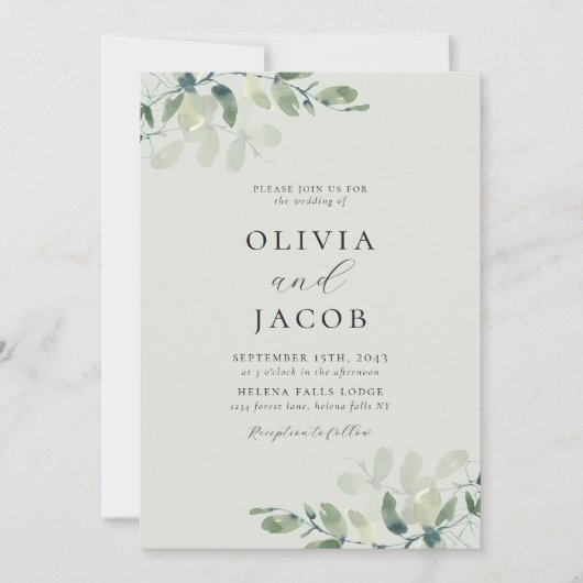 Invitation Eucalyptus Sage Vert tout en un Mariage (Devant)