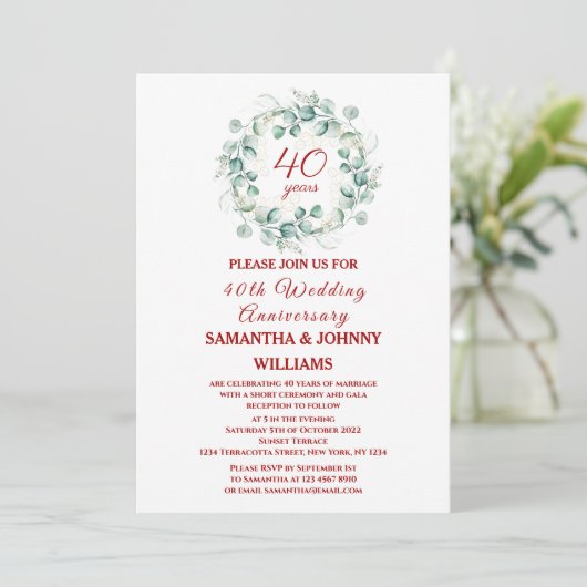 Invitation Eucalyptus Script Ruby 40e anniversaire Mariage (Debout devant)