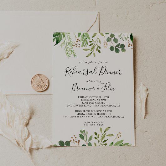 Invitation Eucalyptus Simple Brown Dîner de répétition floral