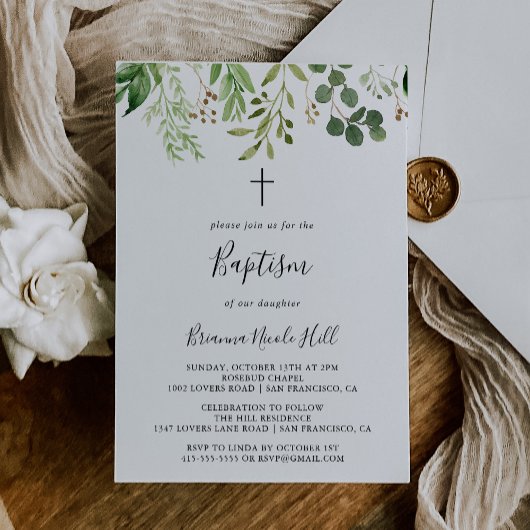 Invitation Eucalyptus Simple Brown floral Baptême