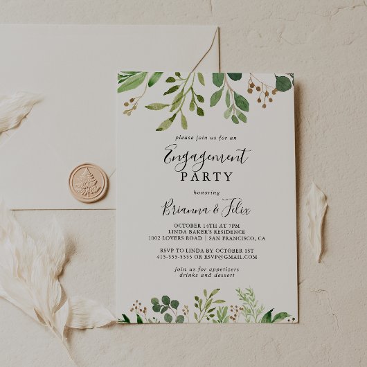 Invitation Eucalyptus Simple Brown Floral Engagement Party