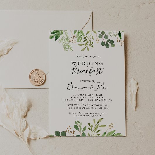 Invitation Eucalyptus Simple Brown Floral Mariage Petit déjeu