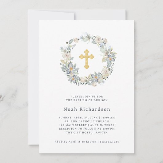 Invitation Eucalyptus simple | Faux Gold Cross Baptism (Devant)