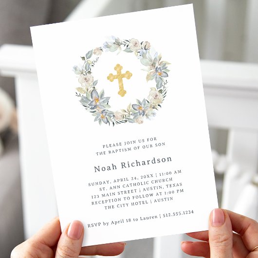 Invitation Eucalyptus simple | Faux Gold Cross Baptism