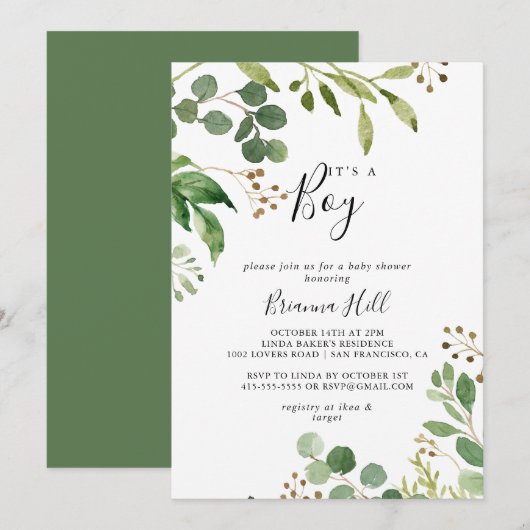 Invitation Eucalyptus Simple Floral C'est un Baby shower garç (Devant / Derrière)