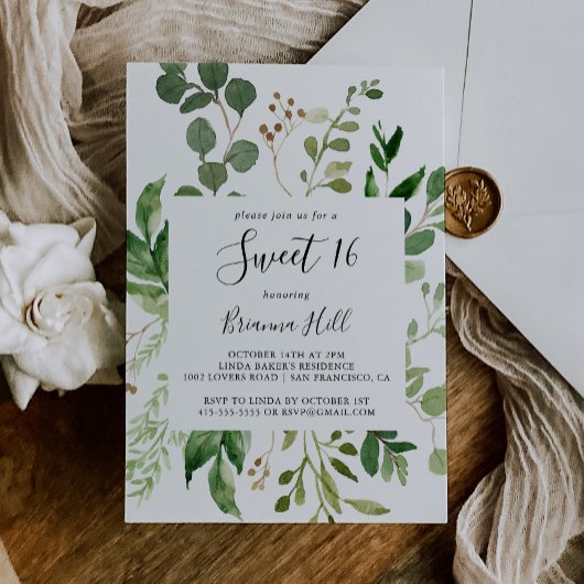 Invitation Eucalyptus Simple Floral Sweet 16 Anniversaire