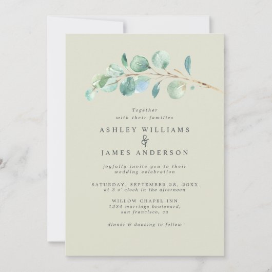 Invitation Eucalyptus simple Mariage vert Pastel Inv. (Devant)