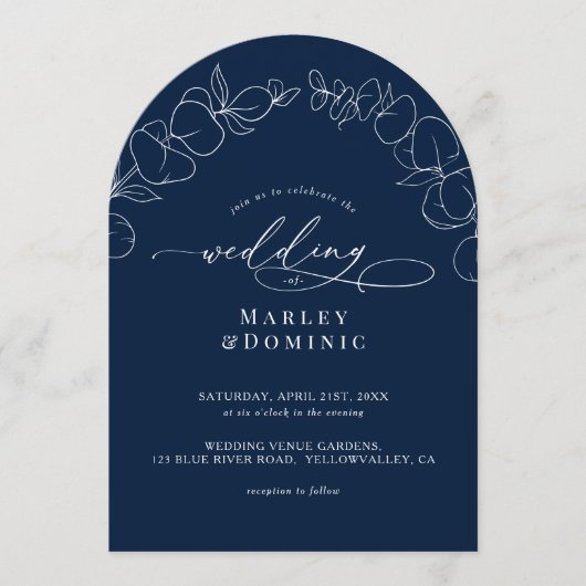 Invitation Eucalyptus Springs Script Navy Blue Arch Wedding (Devant)