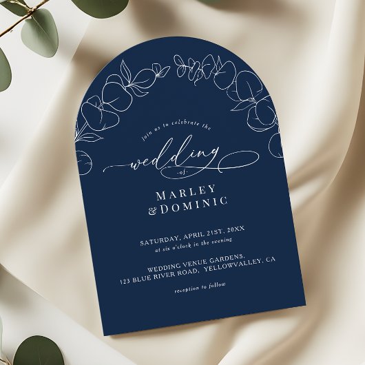 Invitation Eucalyptus Springs Script Navy Blue Arch Wedding