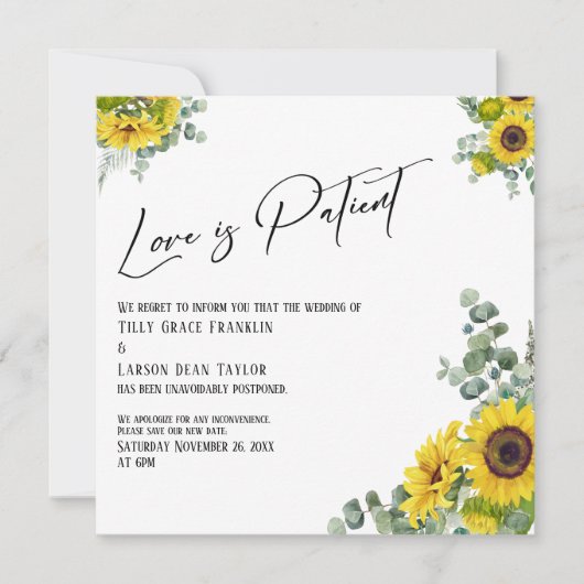 Invitation Eucalyptus Sunflower Love is Patient Delay Card (Devant)