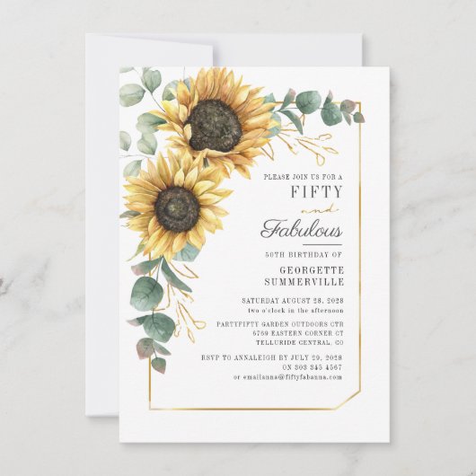 Invitation Eucalyptus tournesol Script floral 50e anniversair (Devant)