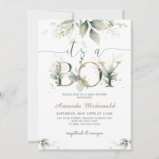 Invitation Eucalyptus verdoyant C'est un Baby shower garçon (Devant)