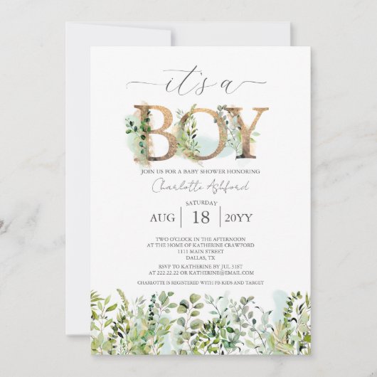 Invitation Eucalyptus verdoyant C'est un Baby shower garçon (Devant)