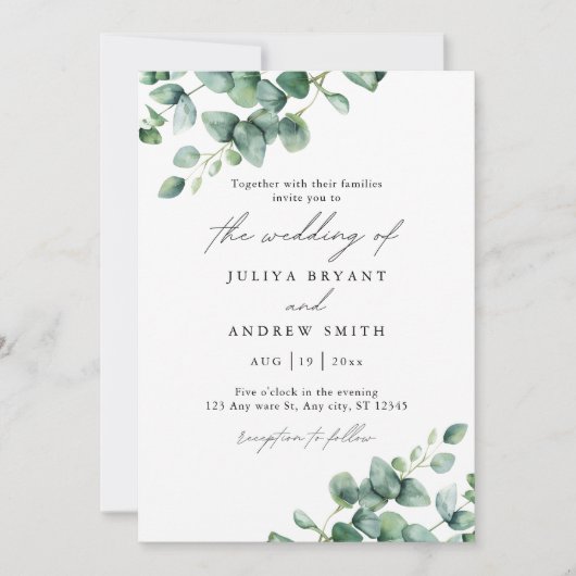 Invitation Eucalyptus verdoyant en écriture blanche mariage (Devant)