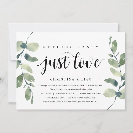 Invitation Eucalyptus verdoyant, Encre noire, Elopement Maria (Devant)