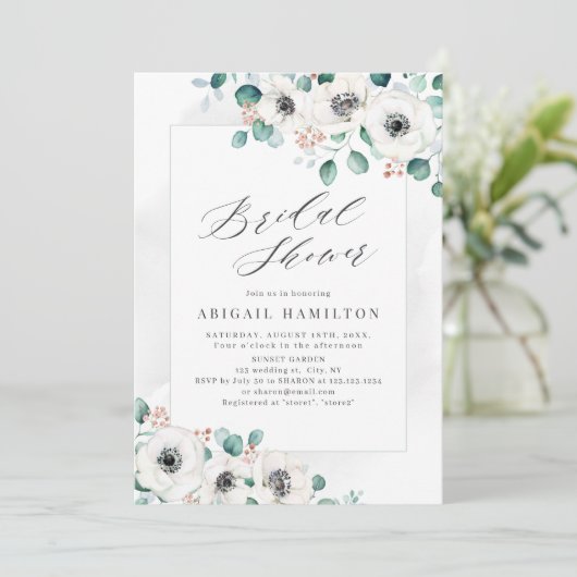Invitation Eucalyptus verdure anémone floral douche nuptiale (Debout devant)