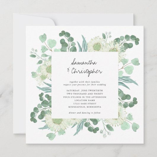 Invitation Eucalyptus Verdure Aquarelle Fleurs Mariage (Devant)
