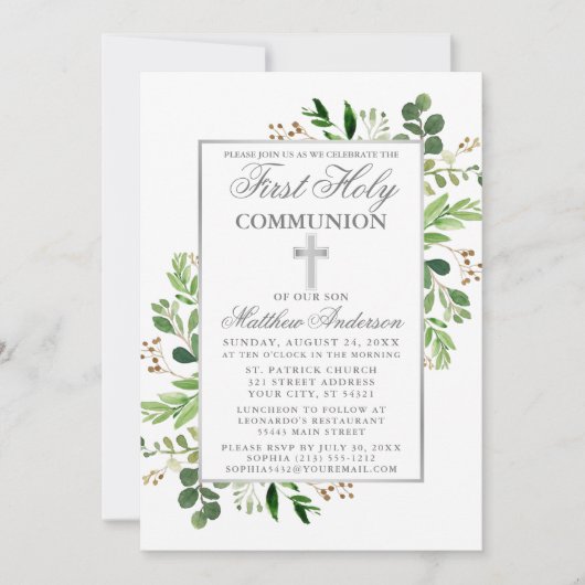 Invitation Eucalyptus Verdure Argent Première communion (Devant)
