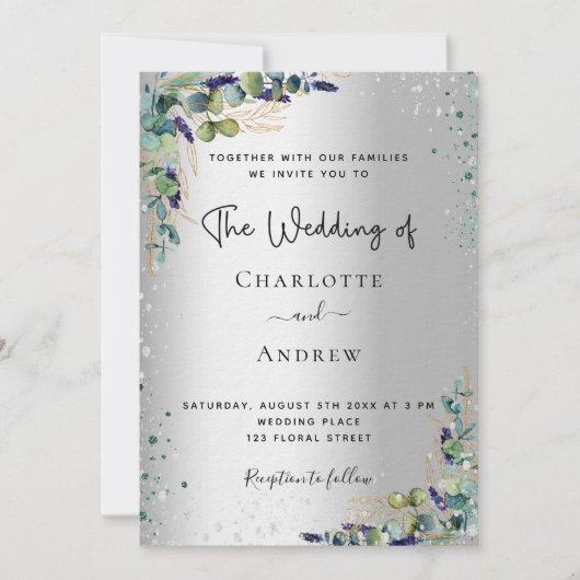 Invitation Eucalyptus verdure argent script luxe mariage (Devant)