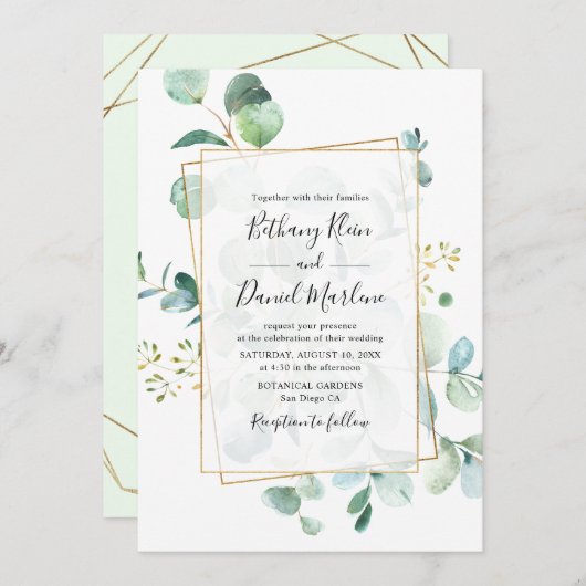 Invitation Eucalyptus Verdure avec Mariage de cadre géométriq (Devant / Derrière)