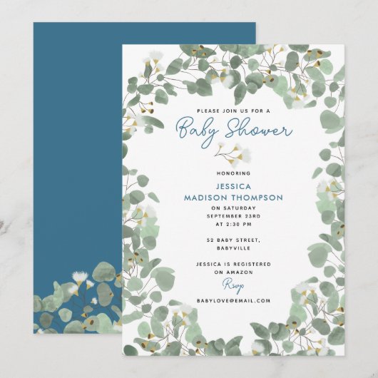 Invitation Eucalyptus Verdure Baby Boy Baby shower bleu (Devant / Derrière)