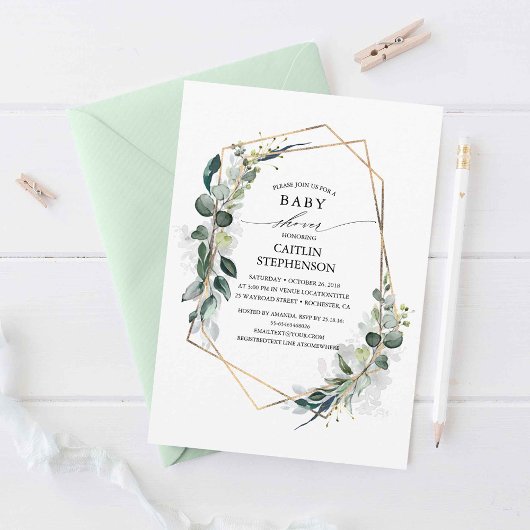 Invitation Eucalyptus Verdure Baby shower géométrique moderne