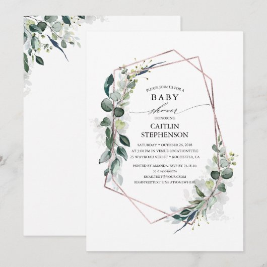 Invitation Eucalyptus Verdure Baby shower géométrique moderne (Devant / Derrière)