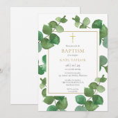 Invitation Eucalyptus Verdure Baptême Christening (Devant / Derrière)